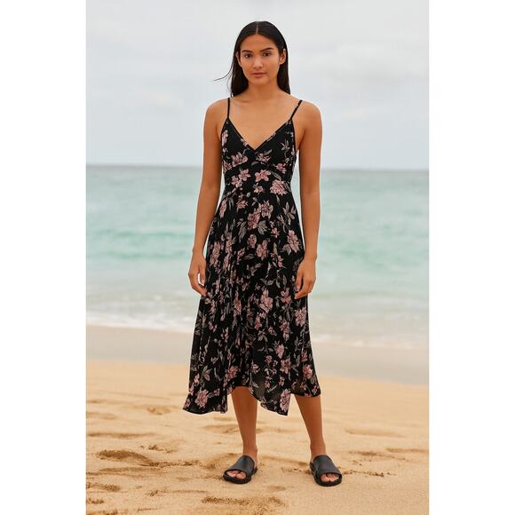 Lulus XS Black Floral Midi Dress Spaghetti Strap V Neck SundressBe - Picture 1 of 6